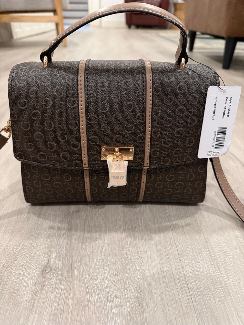 GUESS Dark Brown Monogram Top-Handle Satchel with Gold Hardware